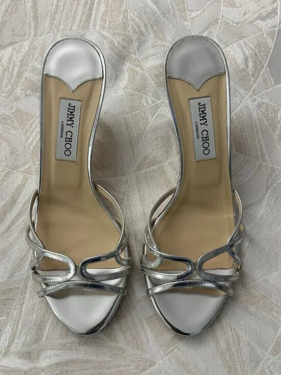 JIMMY CHOO SILVER HEEL OPEN TOE HEELS - Picture 2 of 9